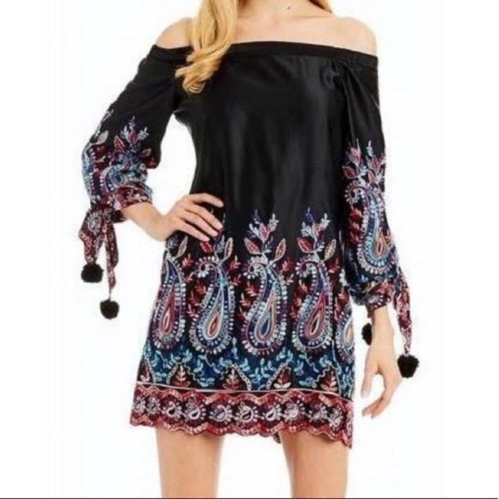 NICOLE MILLER Off Shoulder Embroidered Mini Dress Size 4